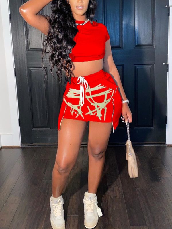 LW Street Drawstring Asymmetrical Red Two Piece Skirt Set - Image 2