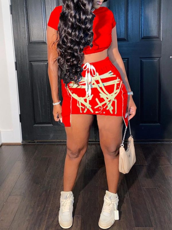 LW Street Drawstring Asymmetrical Red Two Piece Skirt Set - Image 4