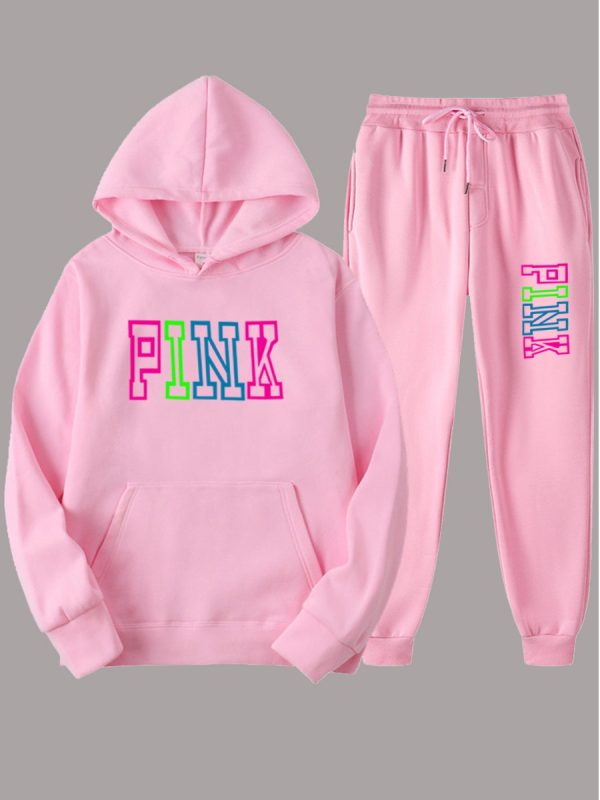 LW Plus Size Fleece Pink Letter Print Tracksuit Set - Image 4