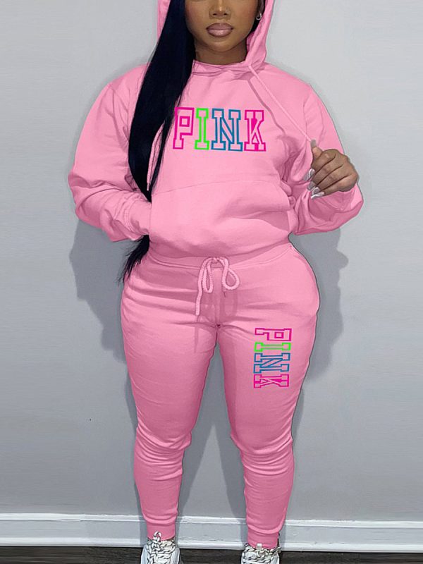 LW Plus Size Fleece Pink Letter Print Tracksuit Set - Image 3