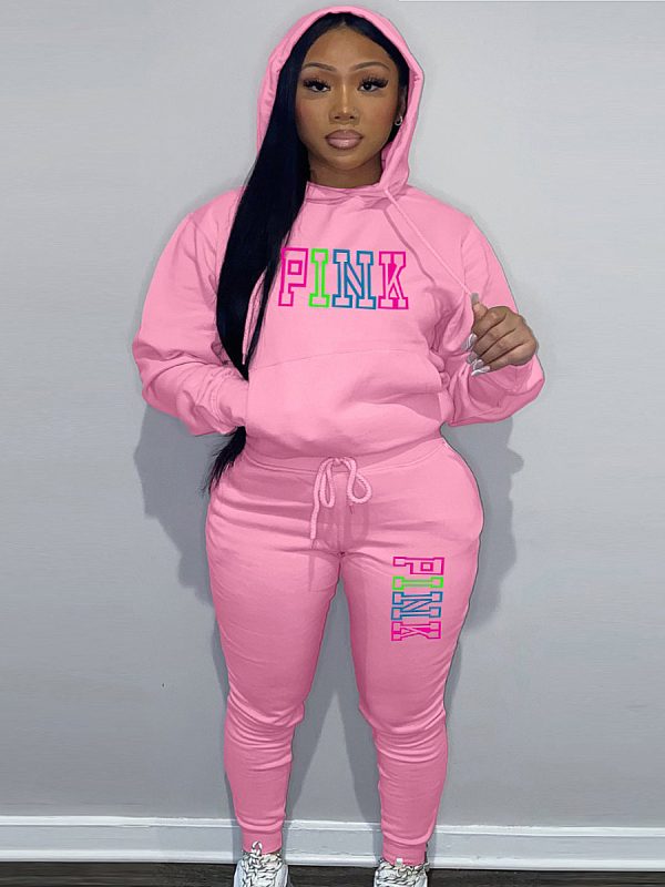 LW Plus Size Fleece Pink Letter Print Tracksuit Set - Image 5