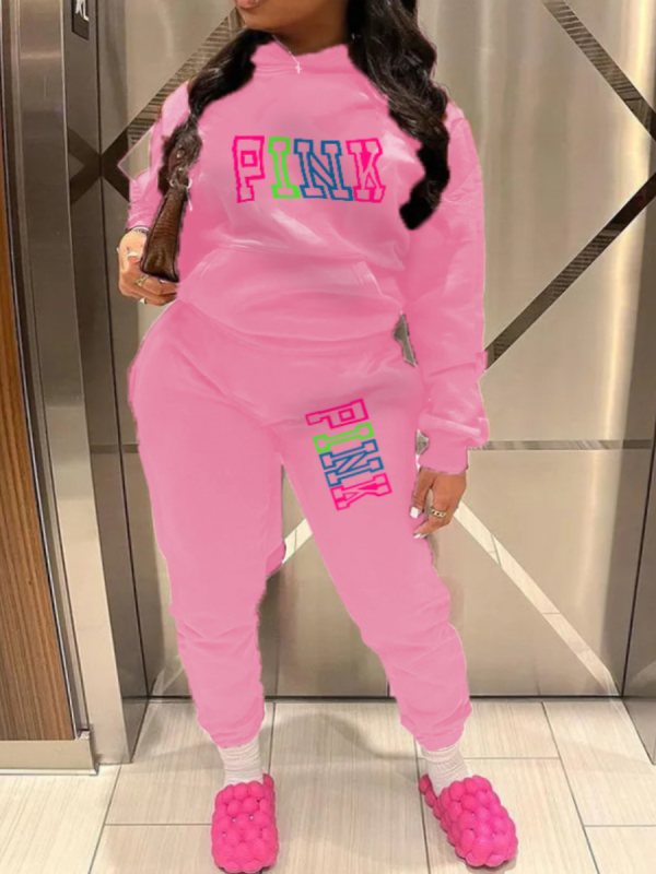 LW Plus Size Fleece Pink Letter Print Tracksuit Set - Image 2