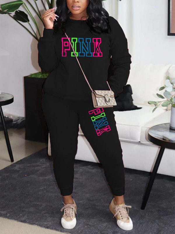 LW Plus Size Fleece Pink Letter Print Tracksuit Set - Image 17