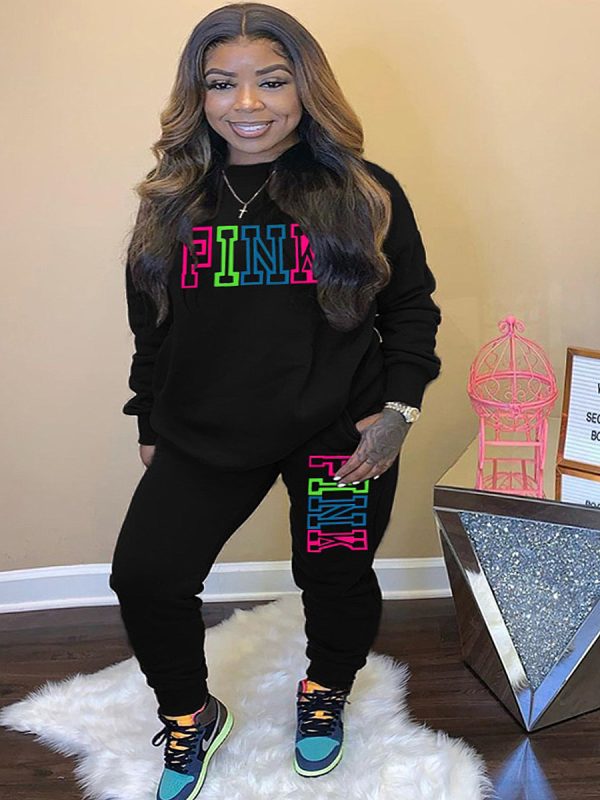 LW Plus Size Fleece Pink Letter Print Tracksuit Set - Image 15