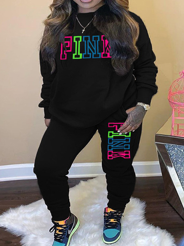 LW Plus Size Fleece Pink Letter Print Tracksuit Set - Image 18