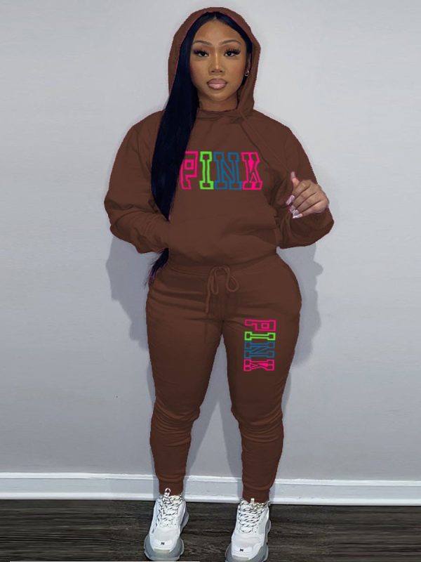 LW Plus Size Fleece Pink Letter Print Tracksuit Set - Image 8