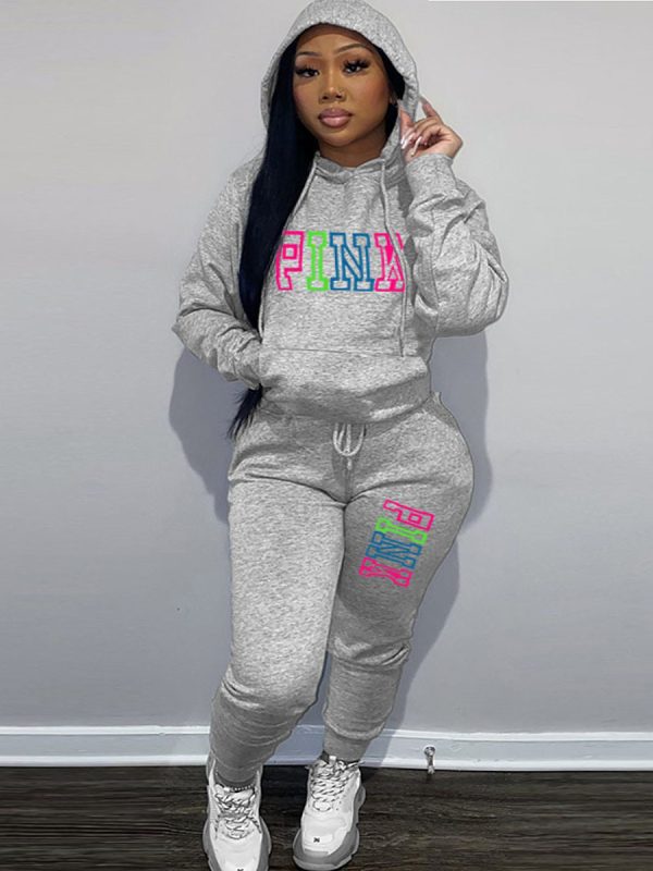 LW Plus Size Fleece Pink Letter Print Tracksuit Set - Image 9