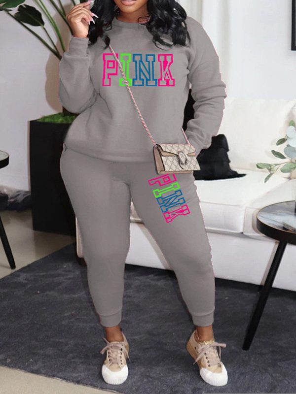 LW Plus Size Fleece Pink Letter Print Tracksuit Set - Image 20