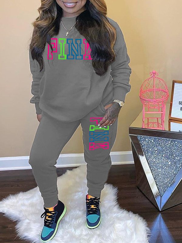 LW Plus Size Fleece Pink Letter Print Tracksuit Set - Image 19