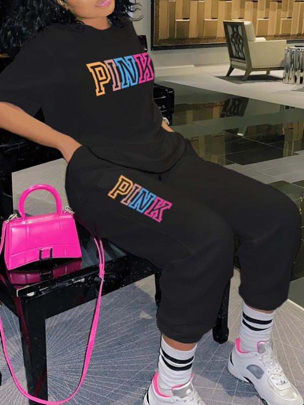 LW Plus Size Fleece Pink Letter Print Tracksuit Set - Image 24