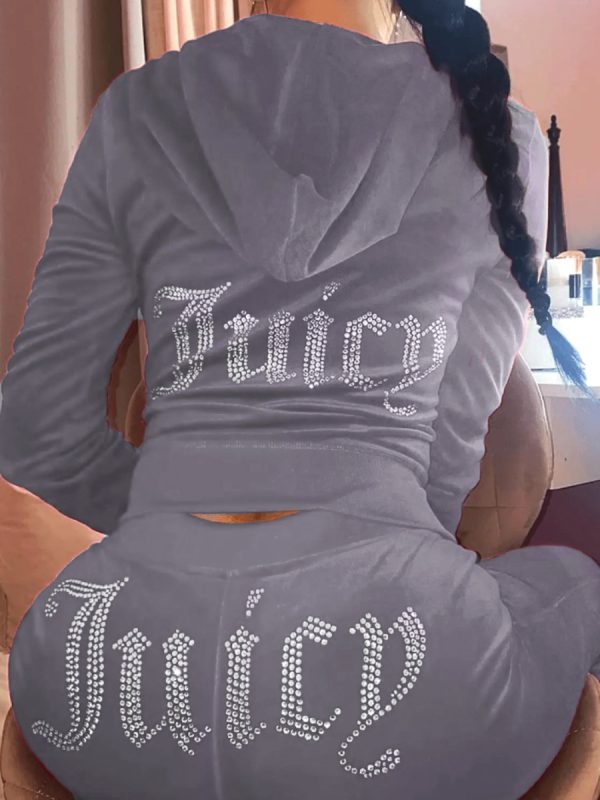 LW Velvet Rhinestone Letter Decor Drawstring Pants Set - Image 6