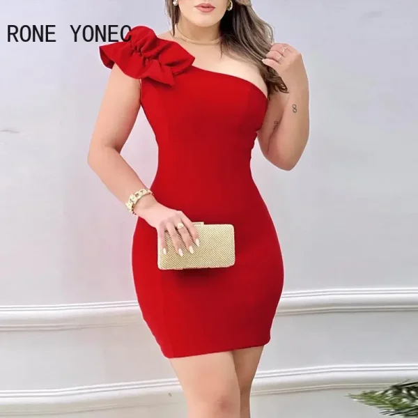 Women Elegant Solid Diagonal Collar Sleeveless Mini Bodycon Formal Party Dress - Image 2