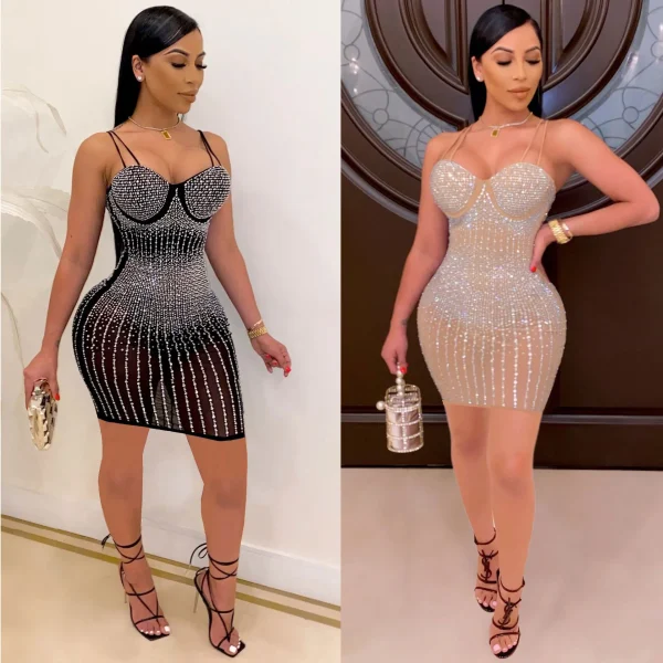 Mesh Rhinestone Mini Club Dress Sexy Women Spaghetti Strap Bodycon See Through Diamond Party Dress