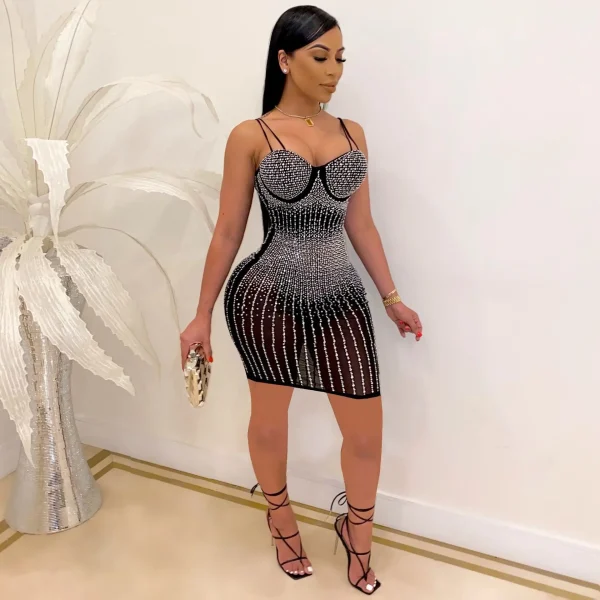 Mesh Rhinestone Mini Club Dress Sexy Women Spaghetti Strap Bodycon See Through Diamond Party Dress - Image 2