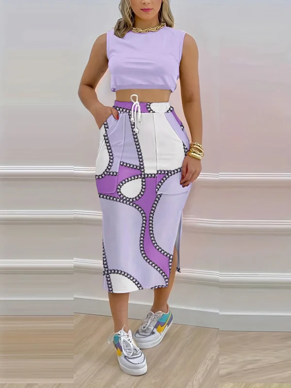 Summer Split Skirts Set Sexy Women High Waist Elegant Camo Print Army Skirt Set Colorful Maxi Dress Set - Image 5