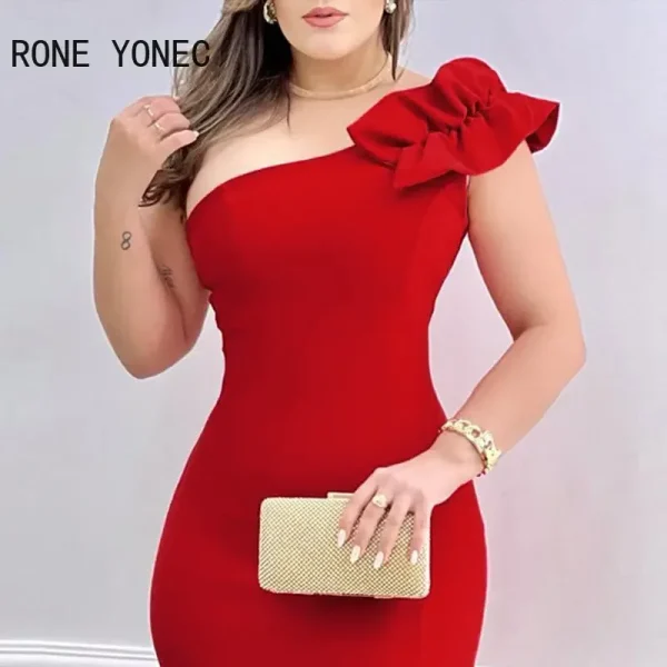 Women Elegant Solid Diagonal Collar Sleeveless Mini Bodycon Formal Party Dress - Image 3