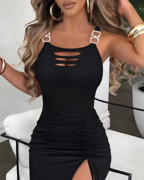 Women's Dress Summer Casual Ladder Cutout Sleeveless Slit Buckled Drawstring Pleats Bodycon Dress Fashion Sexy Elegant Dress - Image 5