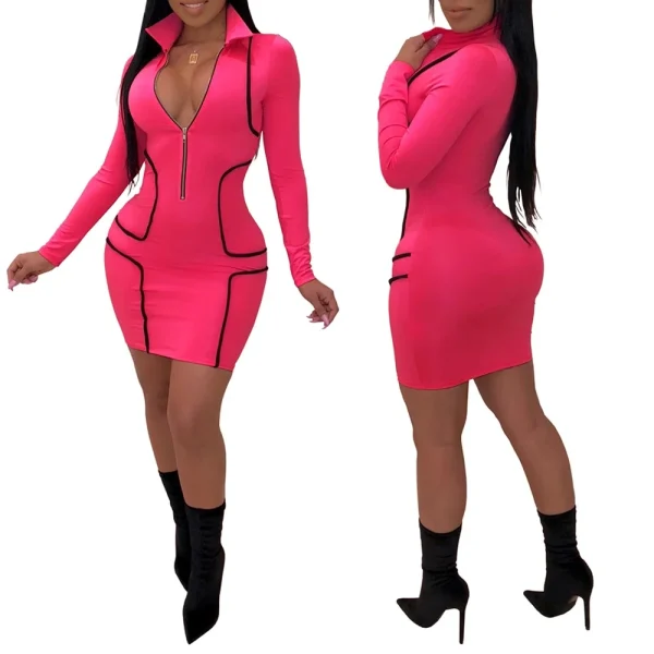 Zipper Stand Collar V Neck Long Sleeve Bodycon Dress Women Fashion Casual Dress Sheath Mini Club Party Dresses Outfits - Image 2