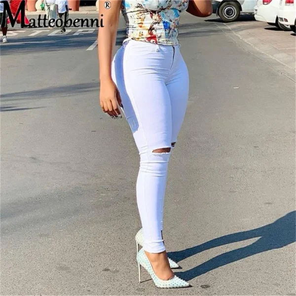 Women's Denim Pants Casual Solid Color High Stretch Ripped Skinny Thin Jeans Fashion Sexy Lift Hips Slim High Waist Pencil Pants - Image 3