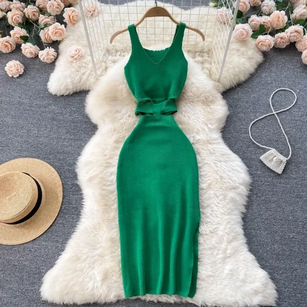 YuooMuoo Women Dress Sexy Cut Out Waist Package Hips Split Bodycon Dress Summer Fashion Lady Knitted Party Vestidos Sundress - Image 2