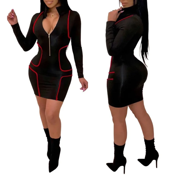 Zipper Stand Collar V Neck Long Sleeve Bodycon Dress Women Fashion Casual Dress Sheath Mini Club Party Dresses Outfits - Image 4