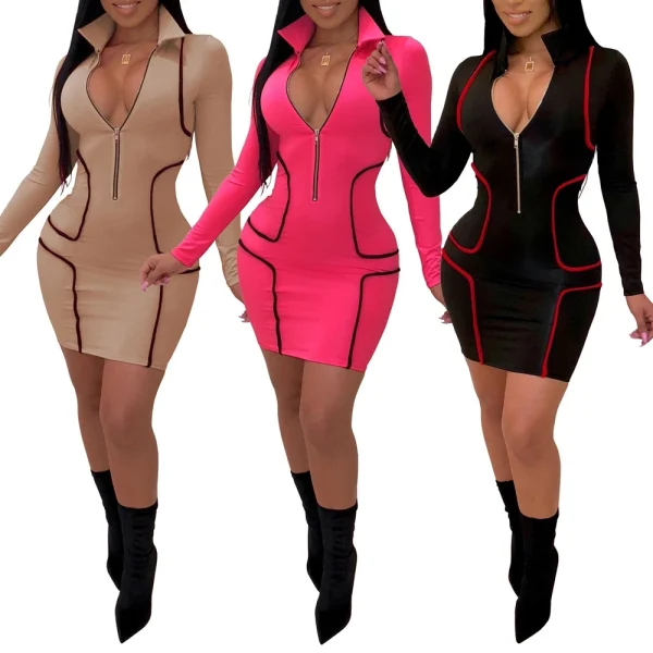 Zipper Stand Collar V Neck Long Sleeve Bodycon Dress Women Fashion Casual Dress Sheath Mini Club Party Dresses Outfits
