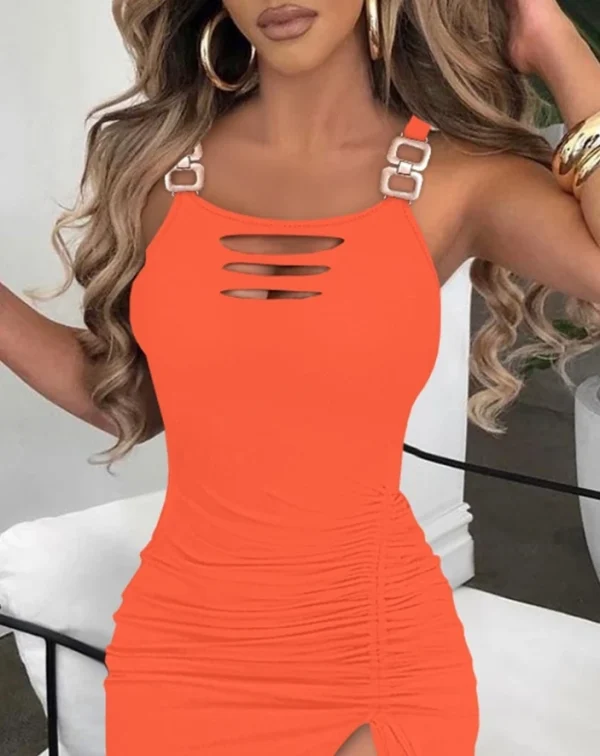 Women's Dress Summer Casual Ladder Cutout Sleeveless Slit Buckled Drawstring Pleats Bodycon Dress Fashion Sexy Elegant Dress - Image 2