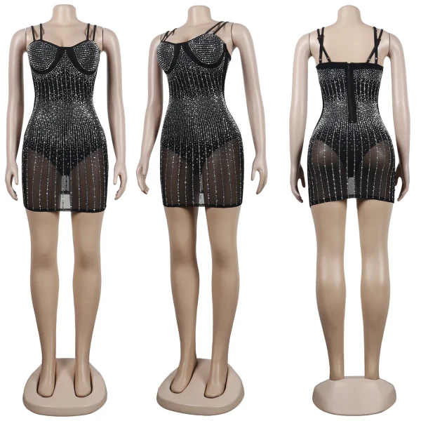 Mesh Rhinestone Mini Club Dress Sexy Women Spaghetti Strap Bodycon See Through Diamond Party Dress - Image 6