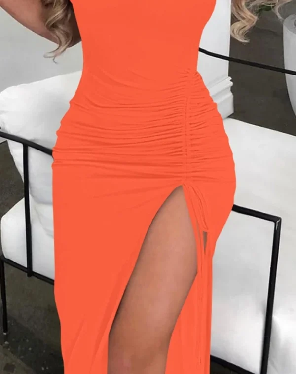 Women's Dress Summer Casual Ladder Cutout Sleeveless Slit Buckled Drawstring Pleats Bodycon Dress Fashion Sexy Elegant Dress - Image 3