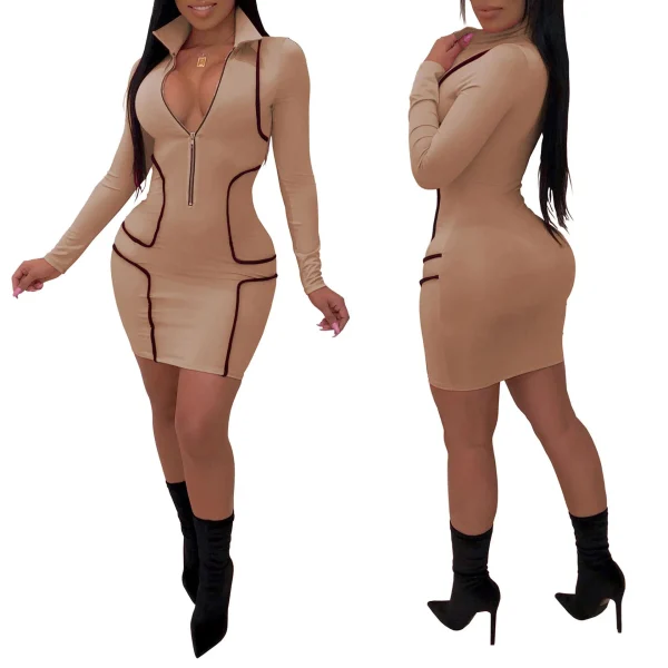 Zipper Stand Collar V Neck Long Sleeve Bodycon Dress Women Fashion Casual Dress Sheath Mini Club Party Dresses Outfits - Image 3