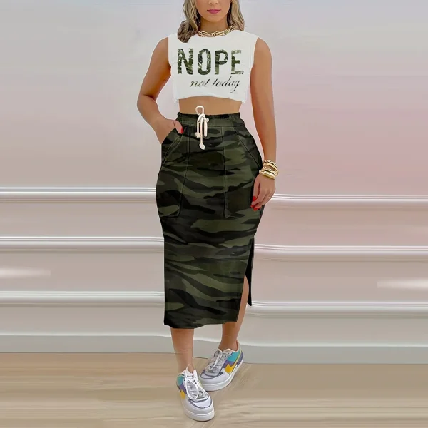 Summer Split Skirts Set Sexy Women High Waist Elegant Camo Print Army Skirt Set Colorful Maxi Dress Set - Image 3