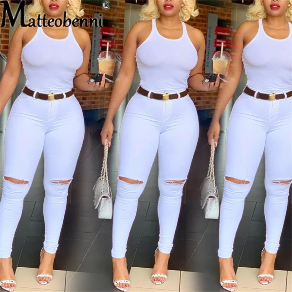 Women's Denim Pants Casual Solid Color High Stretch Ripped Skinny Thin Jeans Fashion Sexy Lift Hips Slim High Waist Pencil Pants - Image 5