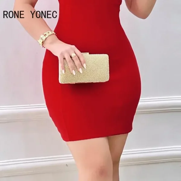 Women Elegant Solid Diagonal Collar Sleeveless Mini Bodycon Formal Party Dress - Image 4