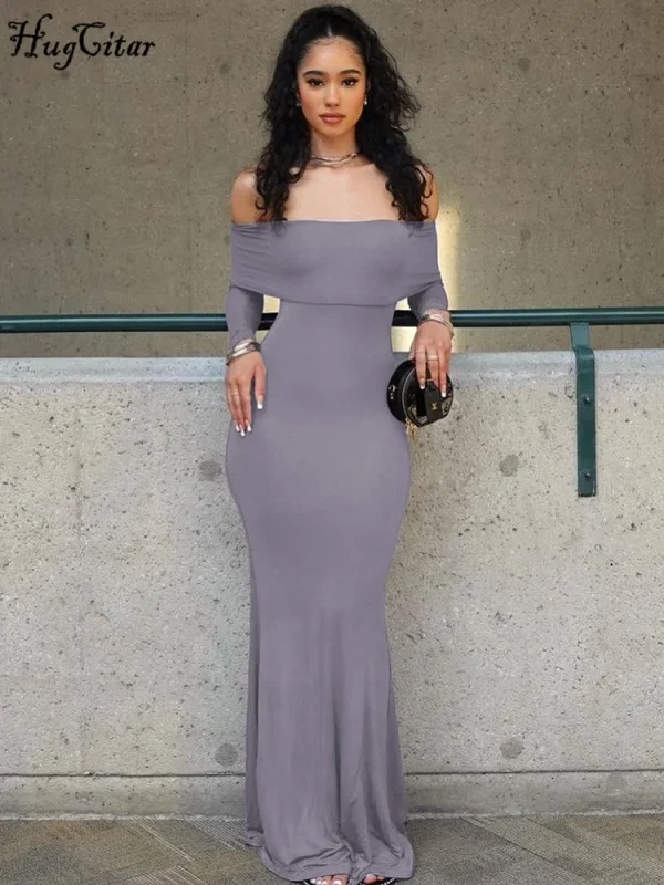 Hugcitar Slash Neck Long Sleeve Solid Elegant Sexy Slim Bodycon Maxi Prom Dress 2023 Summer Women Y2K Wedding Party Goth Clothes - Image 2