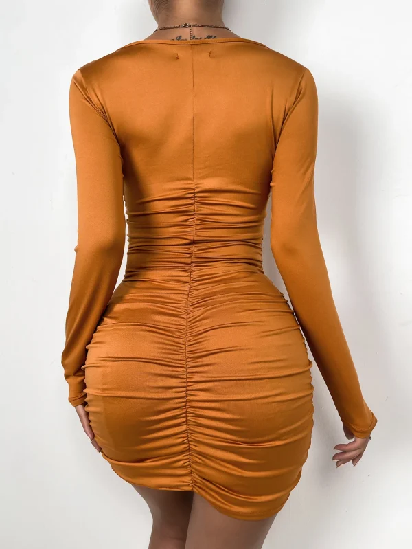 Long Sleeve Deep V Neck Hollow Out Dress Women Party Bodycon Pleated Ruched Mini Dresses Soild Color - Image 6