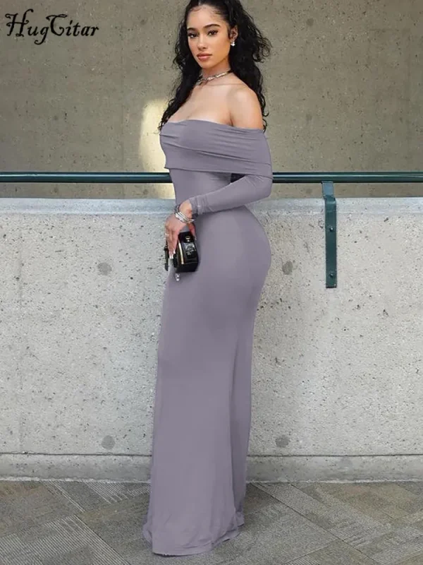 Hugcitar Slash Neck Long Sleeve Solid Elegant Sexy Slim Bodycon Maxi Prom Dress 2023 Summer Women Y2K Wedding Party Goth Clothes - Image 4
