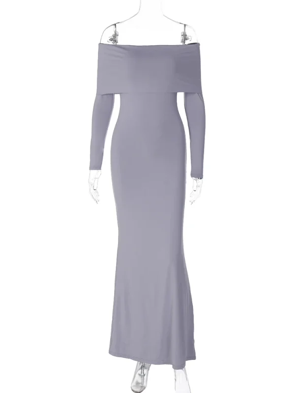 Hugcitar Slash Neck Long Sleeve Solid Elegant Sexy Slim Bodycon Maxi Prom Dress 2023 Summer Women Y2K Wedding Party Goth Clothes - Image 6