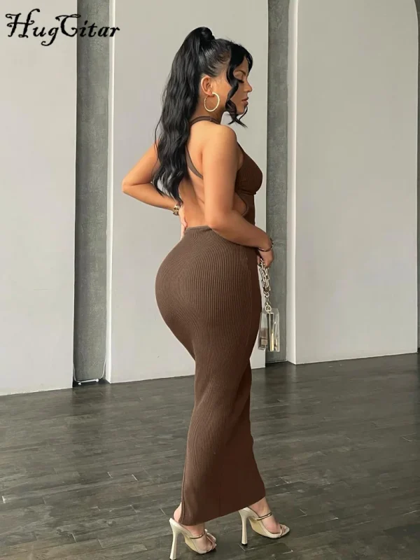 Hugcitar Ribbed Solid Hollow Out Backless Sleeveless Sexy Slit Mini Dress Bodycon 2024Summer Women Outfits Elegant Party Y2K - Image 3