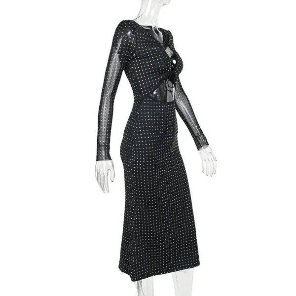 Autumn Winter Sequins Hollow Out Sexy Party Club Maxi Dress Outfits for Women Mesh Long Sleeve Lace Up Bodycon Dresses Vestido - Image 5