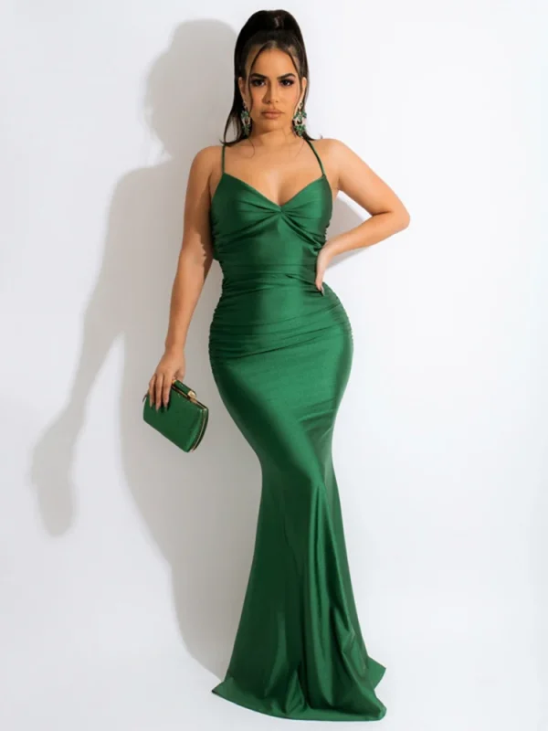 Dulzura Ruched Lace Up Backless Satin Maxi Dress For Women Bodycon Sexy Party Elegant Clothes Evening Birthday Outfits Summer - Image 4