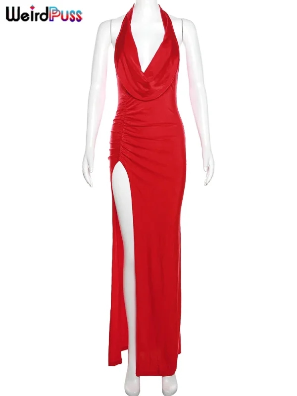 Weird Puss Christmas Elegant Women Dress Sexy Sleeveless Backless Halter Side Split Deep V-Neck Birthday Midnight Party Bodycon - Image 6