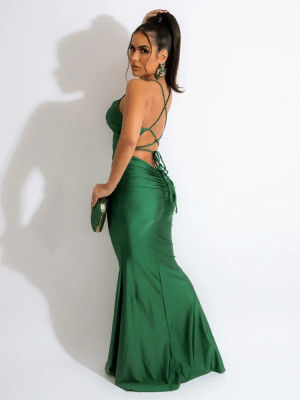Dulzura Ruched Lace Up Backless Satin Maxi Dress For Women Bodycon Sexy Party Elegant Clothes Evening Birthday Outfits Summer - Image 5