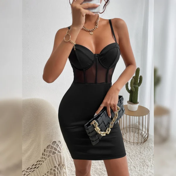 Vemina Sexy Club Party Hollowing Mesh See Through Slim Dress,Women Nightclub Wear Fishbone Halter V Neck Sheer Package Hip Skirt - Image 6