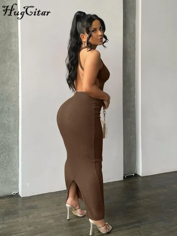 Hugcitar Ribbed Solid Hollow Out Backless Sleeveless Sexy Slit Mini Dress Bodycon 2024Summer Women Outfits Elegant Party Y2K - Image 2
