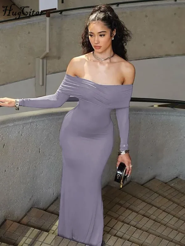 Hugcitar Slash Neck Long Sleeve Solid Elegant Sexy Slim Bodycon Maxi Prom Dress 2023 Summer Women Y2K Wedding Party Goth Clothes - Image 5