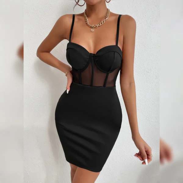 Vemina Sexy Club Party Hollowing Mesh See Through Slim Dress,Women Nightclub Wear Fishbone Halter V Neck Sheer Package Hip Skirt - Image 5