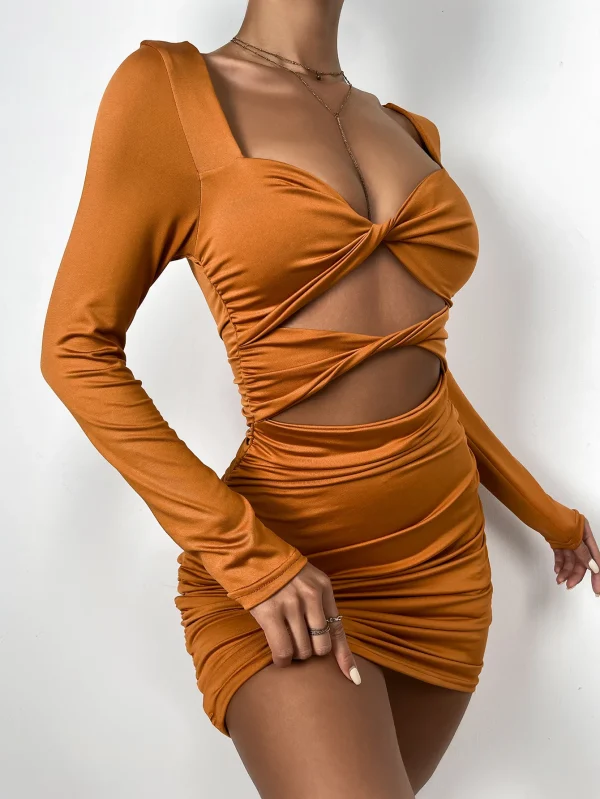 Long Sleeve Deep V Neck Hollow Out Dress Women Party Bodycon Pleated Ruched Mini Dresses Soild Color - Image 5