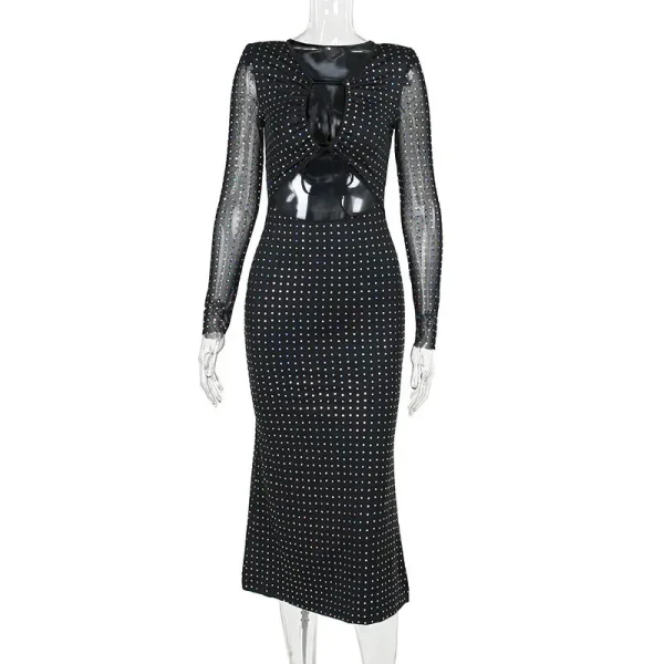 Autumn Winter Sequins Hollow Out Sexy Party Club Maxi Dress Outfits for Women Mesh Long Sleeve Lace Up Bodycon Dresses Vestido - Image 4