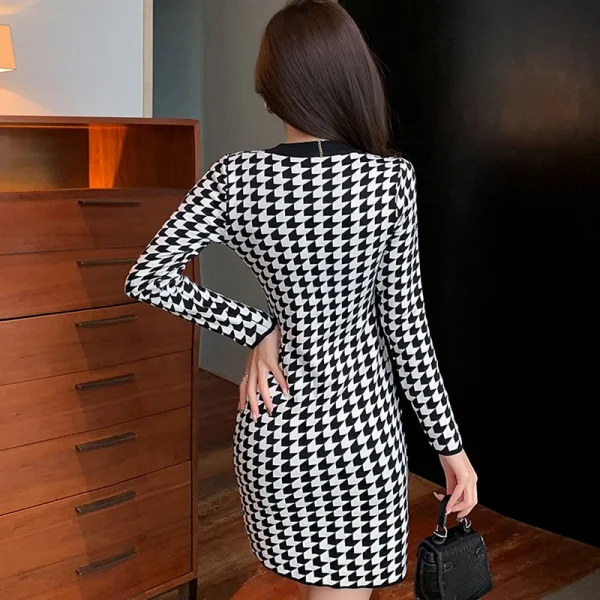 Fashion Korean Style Street Clothes Women Vintage Houndstooth Sweater Mini Dress Elegant Temperament Knitted Short Female Dress - Image 2