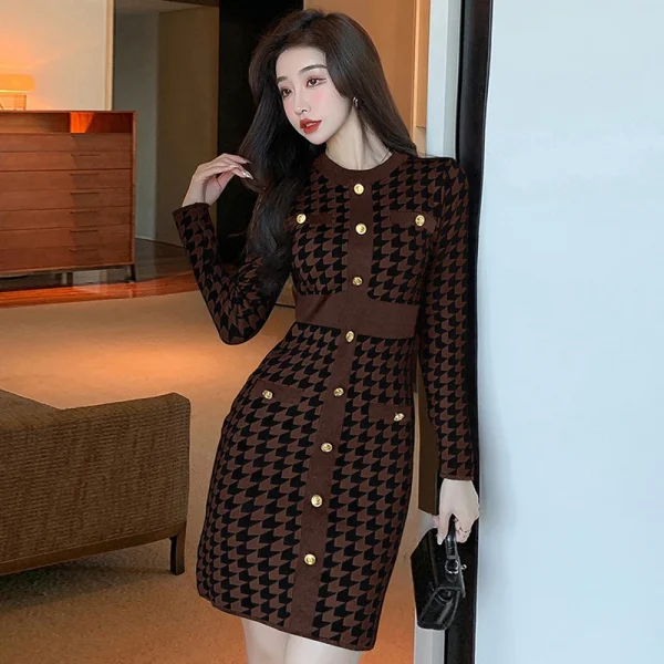 Fashion Korean Style Street Clothes Women Vintage Houndstooth Sweater Mini Dress Elegant Temperament Knitted Short Female Dress - Image 6